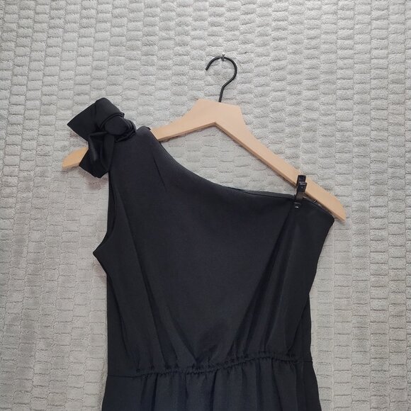 Black Asymmetrical One Shoulder Dress-Bow-Overlay-Mini with a Slit Midi Hem-Sz S - Picture 6 of 14